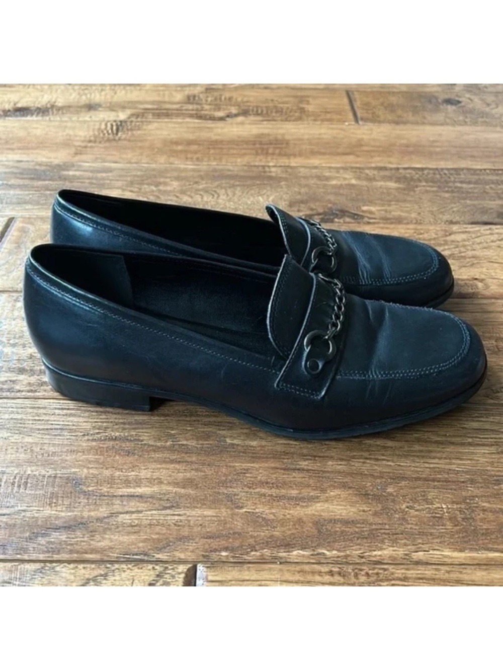 Franco Sarto Black Leather Loafers Chain Detail Classic Academia Womens Size 7.5